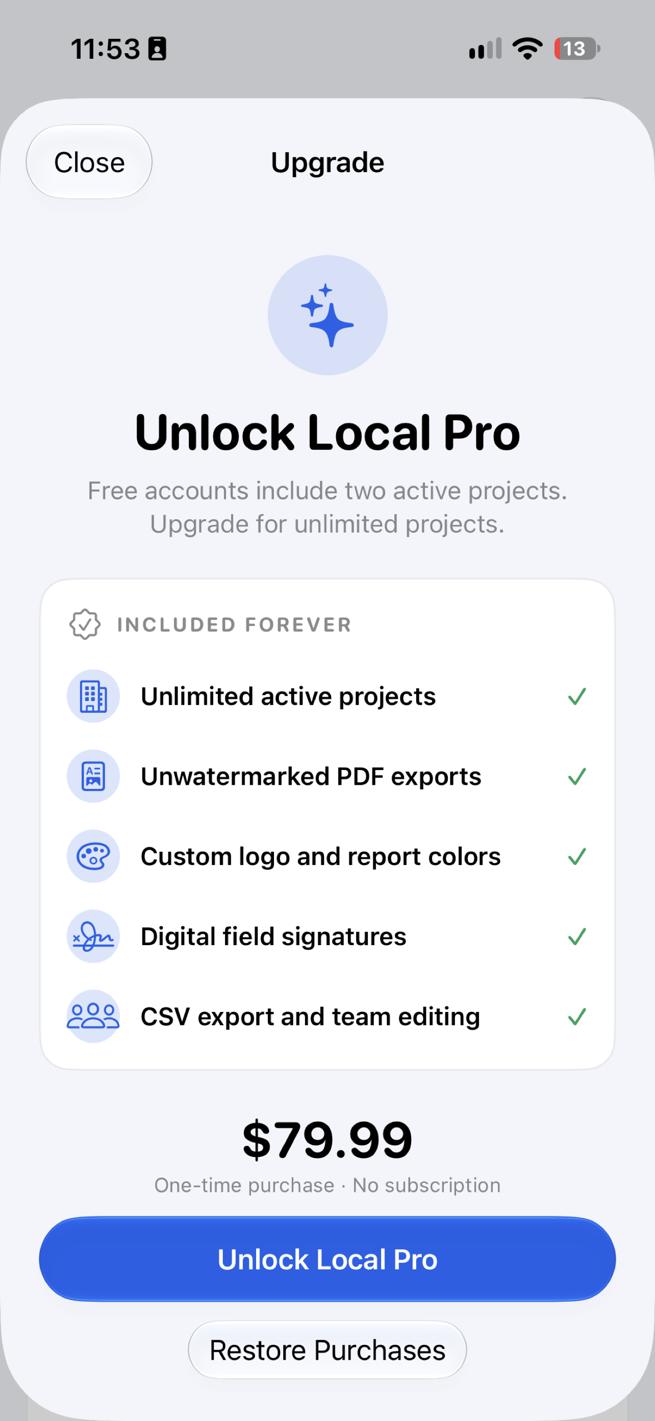 CloseoutLog Local Pro — unlimited projects, unwatermarked PDF exports, branding, signatures, and CSV export