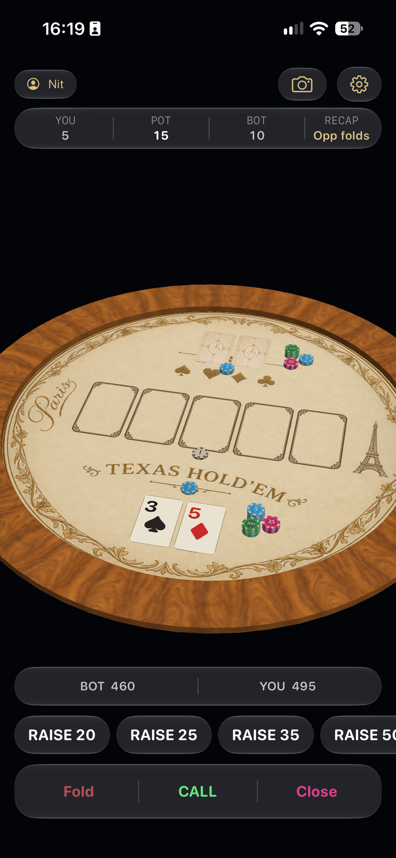 Glitch Flush table mid-hand with chips and action bar