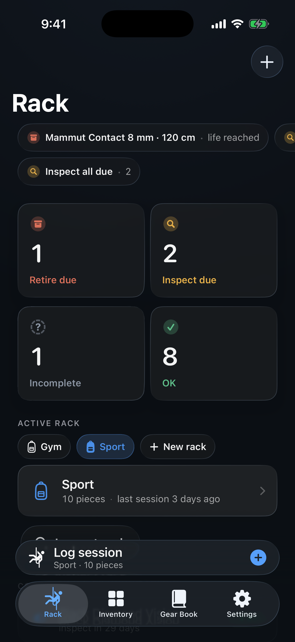 RackLog home screen with gear status clusters