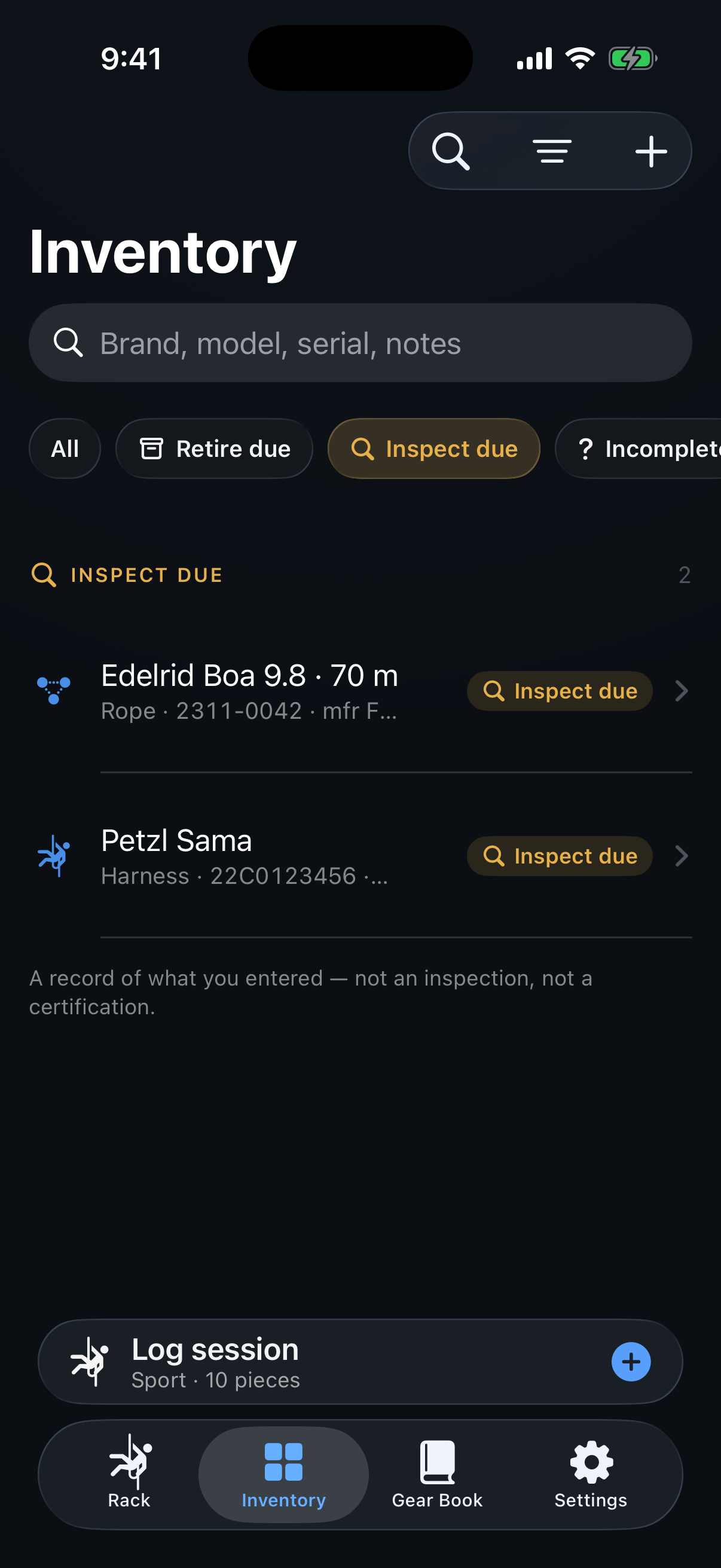 RackLog inventory filtered to pieces with inspect due status