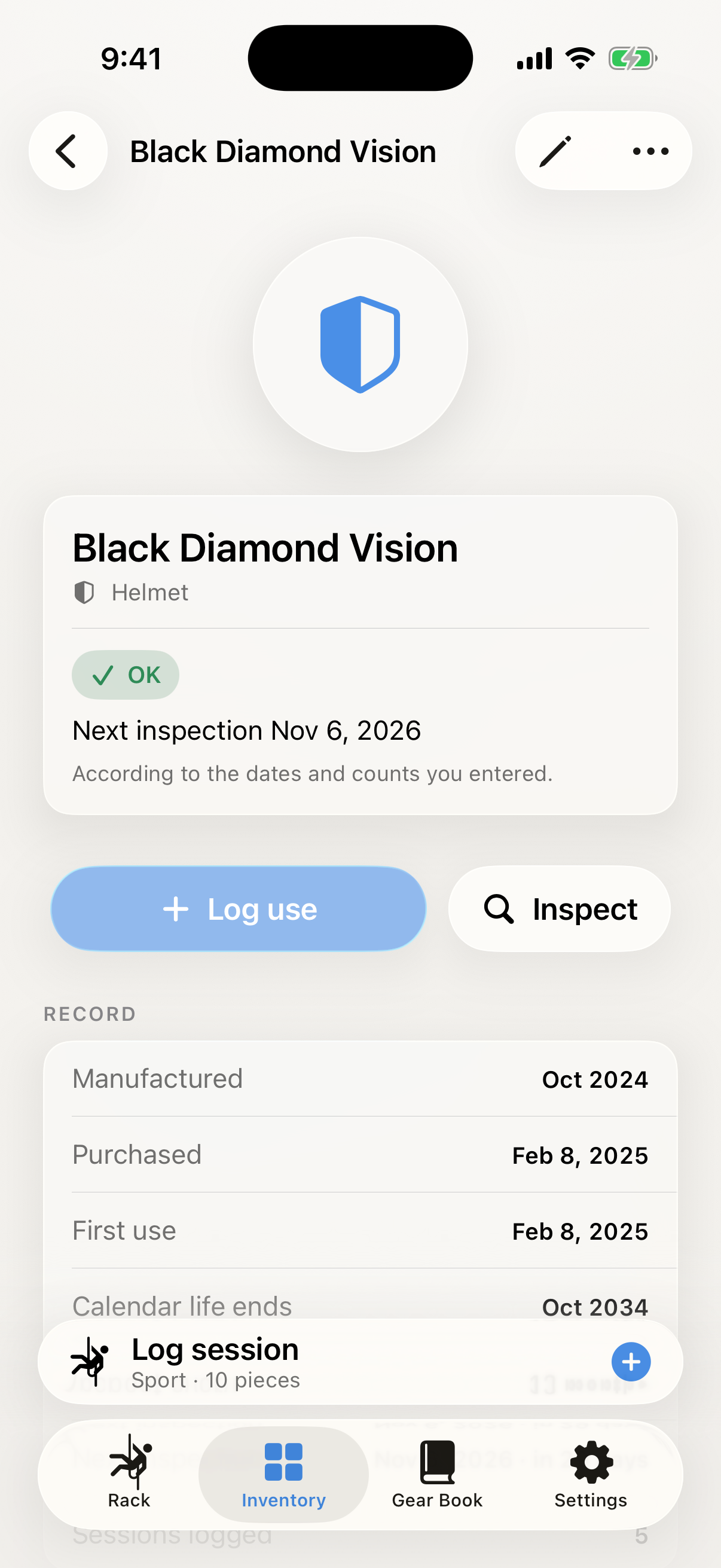 RackLog piece detail for a helmet showing OK status and identity fields