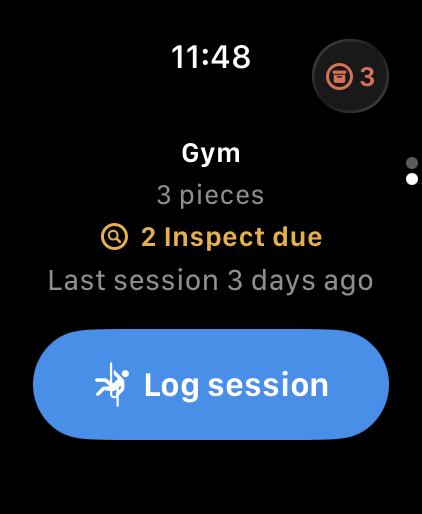 RackLog on Apple Watch showing gym rack page