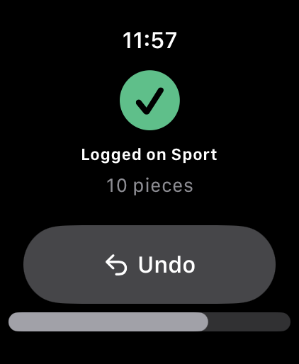 RackLog on Apple Watch after logging a session with undo