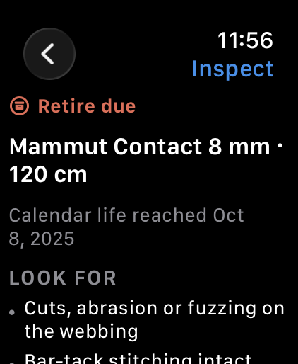 RackLog on Apple Watch showing retire due for a sling