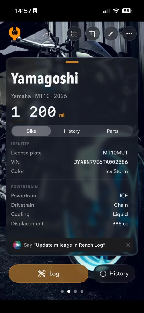 RenchLog garage glance expanded showing bike identity and powertrain details
