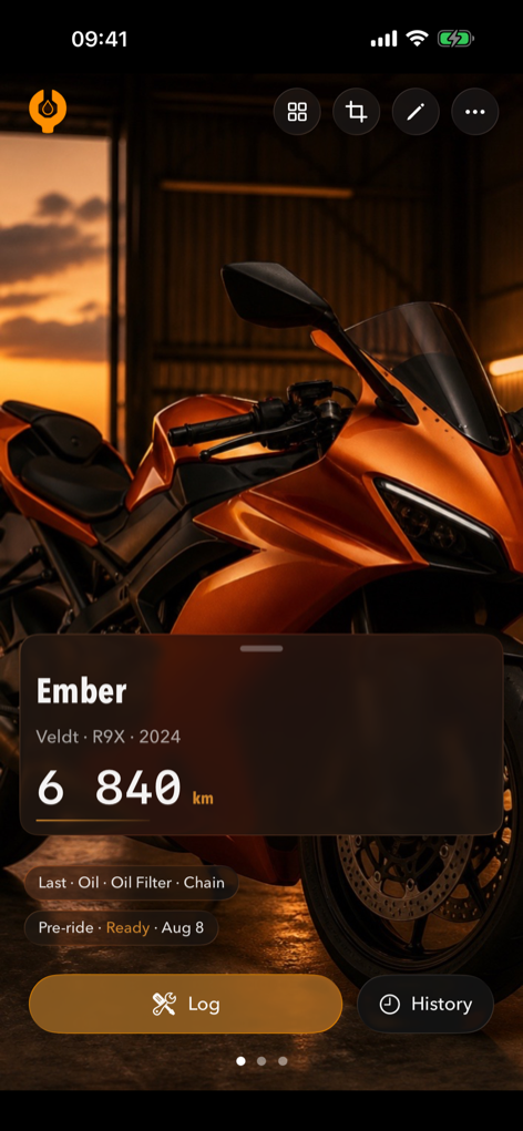 RenchLog garage hero with bike, odometer, Log and History