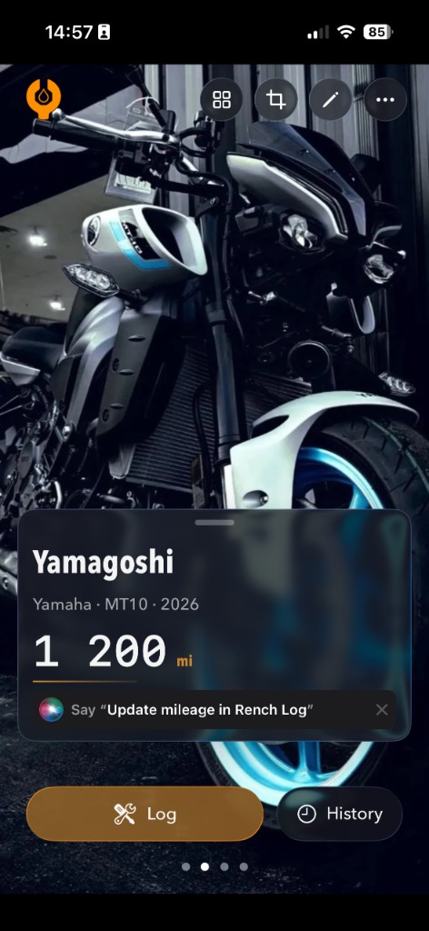 RenchLog garage showing a second bike, a Yamaha MT-10, in the same garage