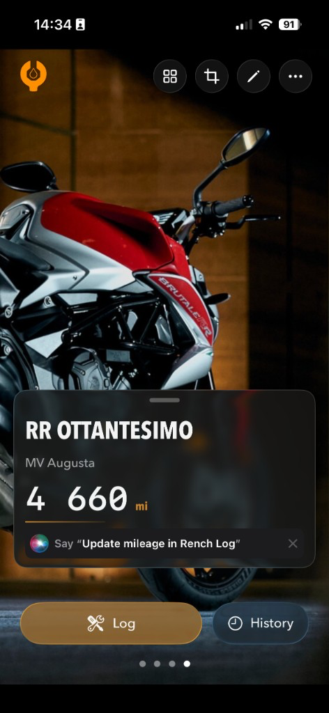 RenchLog garage hero showing an MV Agusta with name, brand, and odometer
