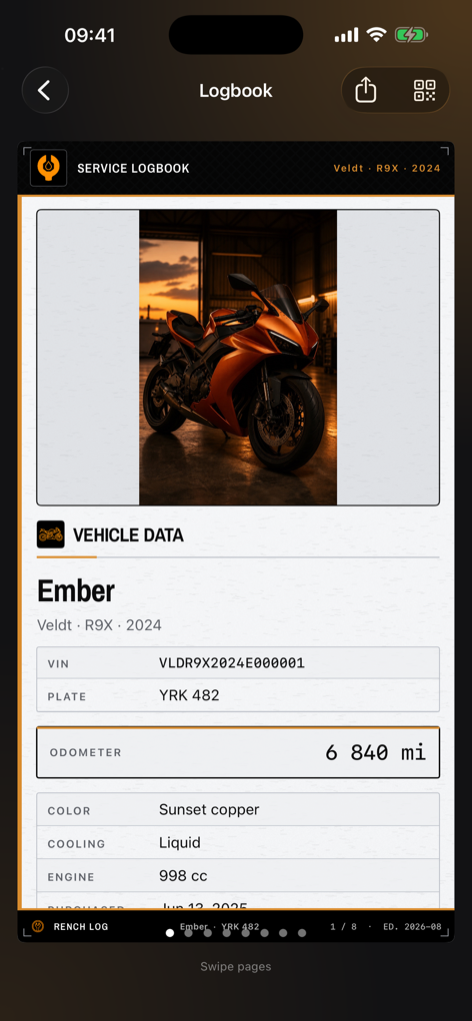 RenchLog service logbook page with vehicle data, for a shop visit or a buyer