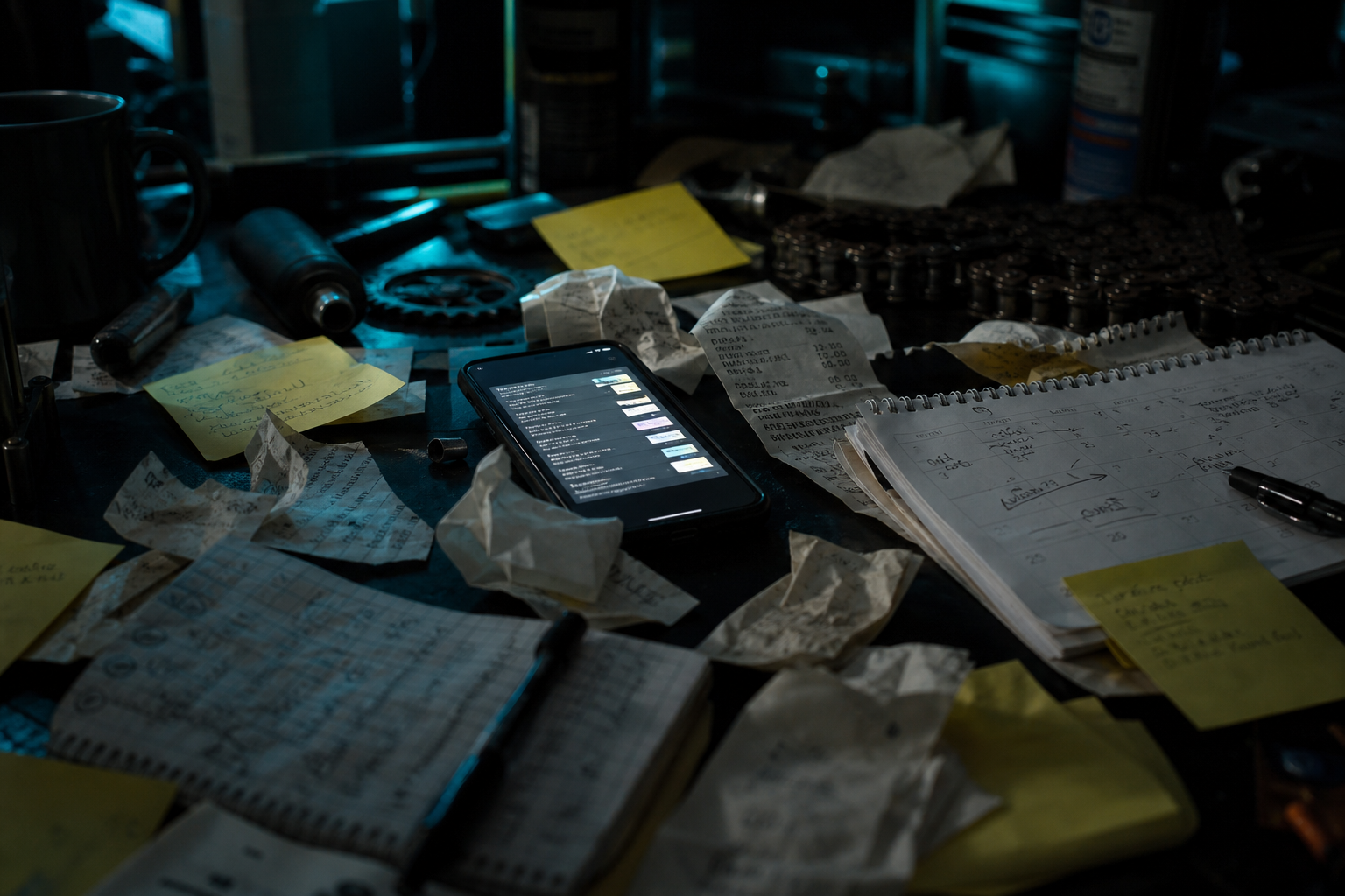 Scattered receipts, notes, and phone clutter representing messy everyday routines